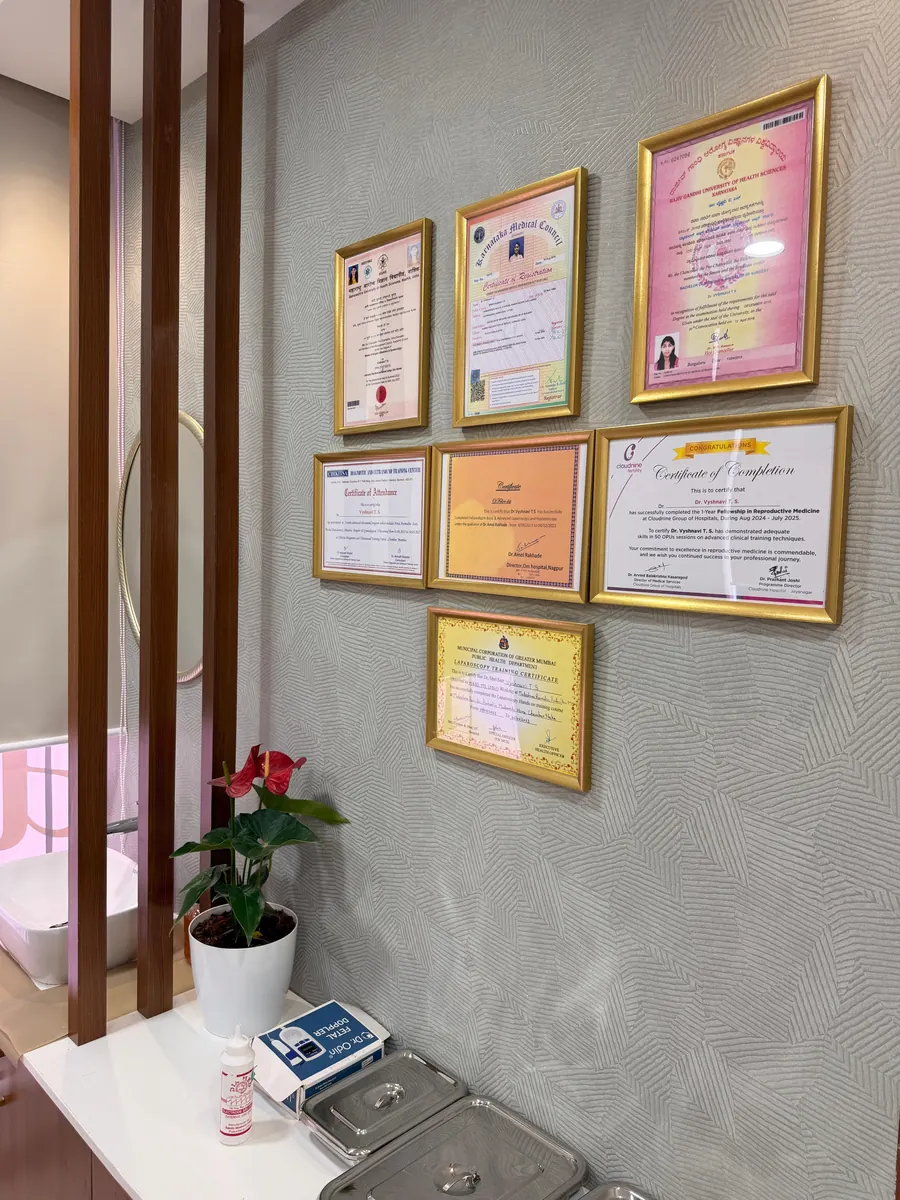 Framed degree, registration and fellowship certificates of Dr. Vyshnavi T S