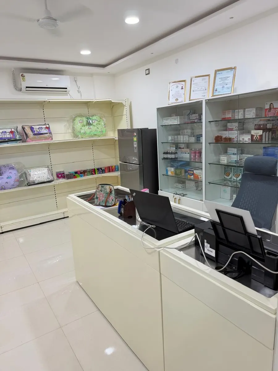 The in-house pharmacy counter with medicine cabinets